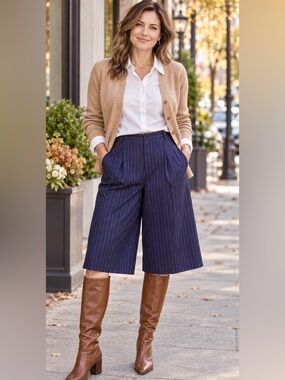NWT By Anthropologie Navy Pinstripe Pleated Culotte Shorts Size 10